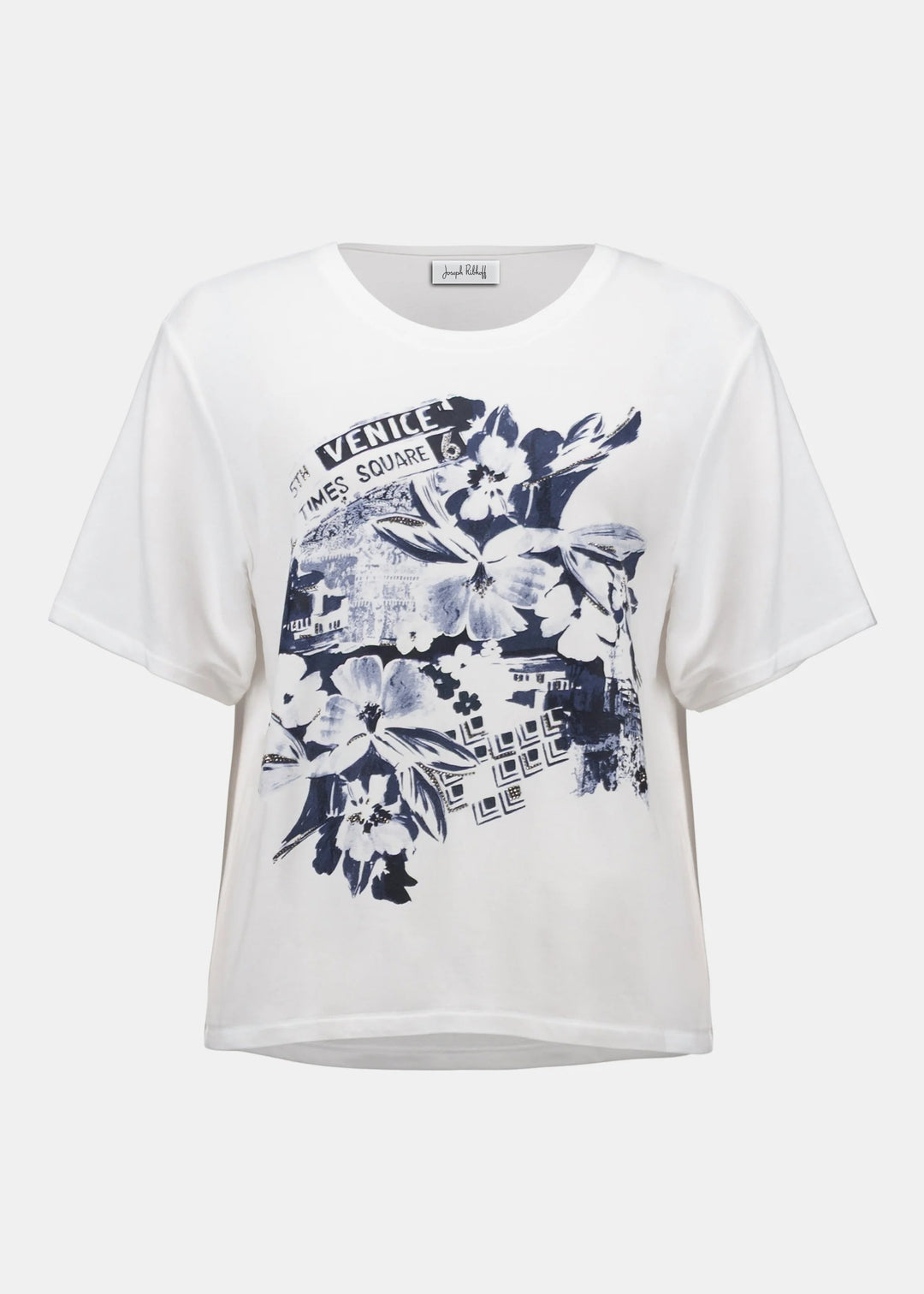 White t-shirt with floral and graphic design on a white background