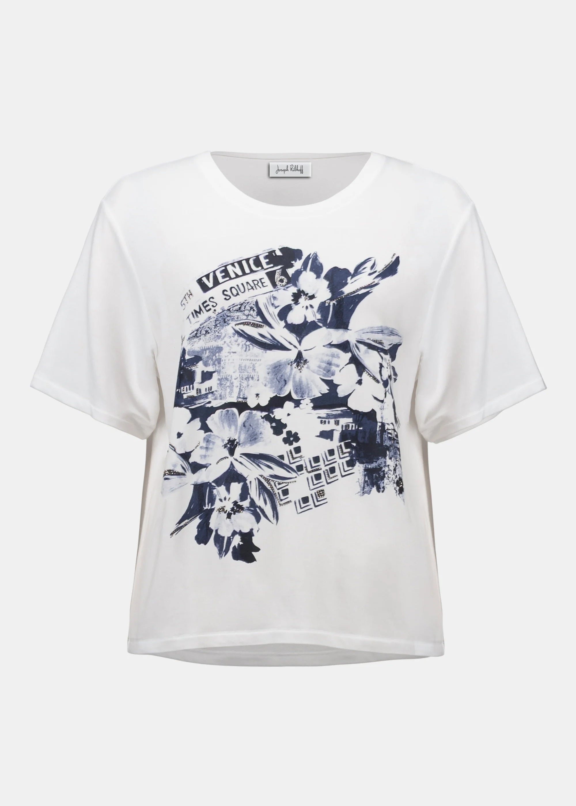 White t-shirt with floral and graphic design on a white background