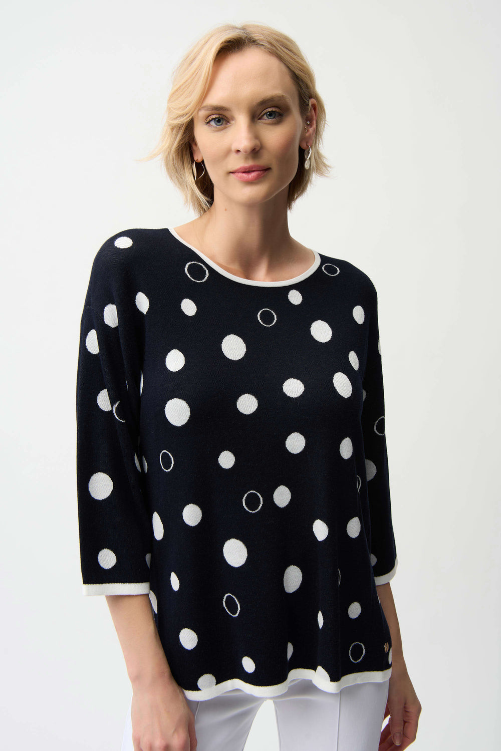 Joseph Ribkoff Viscose Blend Polka Dot Relaxed Sweater in Midnight Blue Vanilla