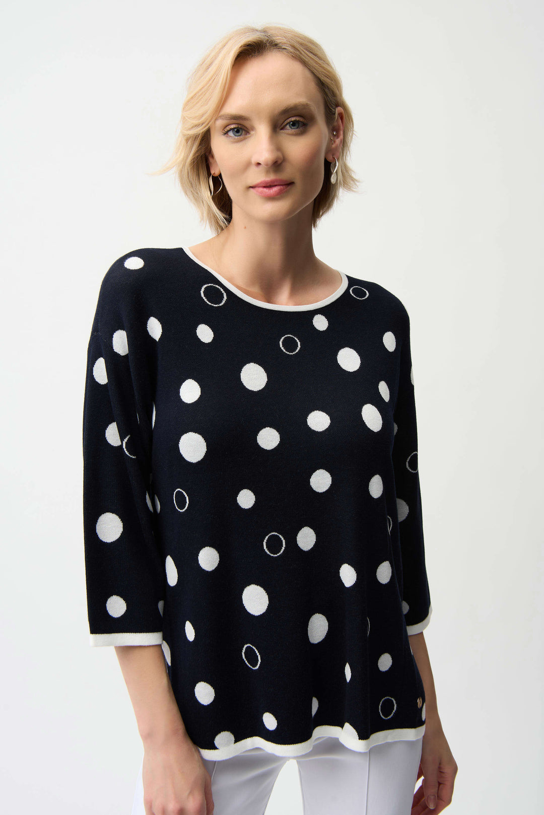 Joseph Ribkoff Viscose Blend Polka Dot Relaxed Sweater in Midnight Blue Vanilla