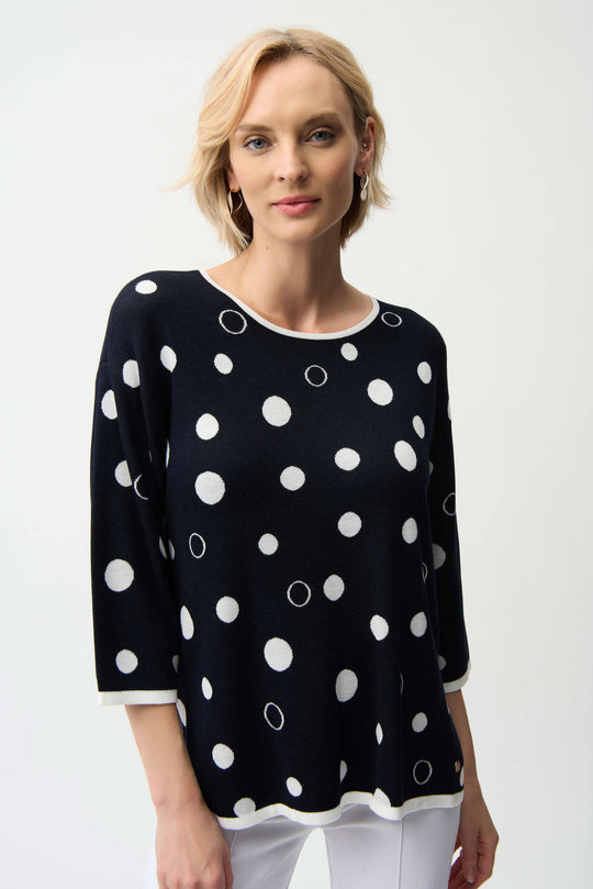 Joseph Ribkoff Viscose Blend Polka Dot Relaxed Sweater in Midnight Blue Vanilla