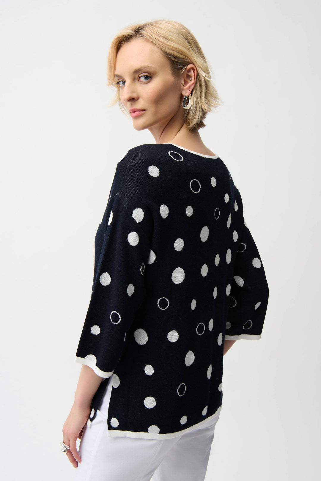 Joseph Ribkoff Viscose Blend Polka Dot Relaxed Sweater in Midnight Blue Vanilla