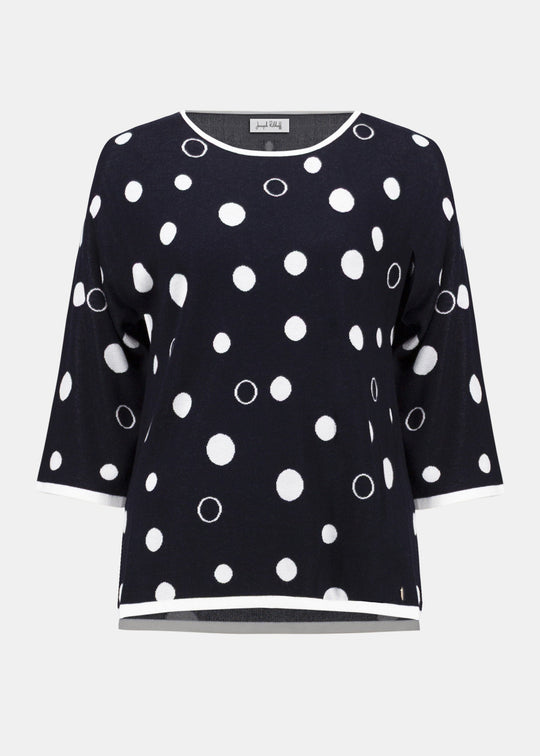 Black top with white polka dot pattern on a white background