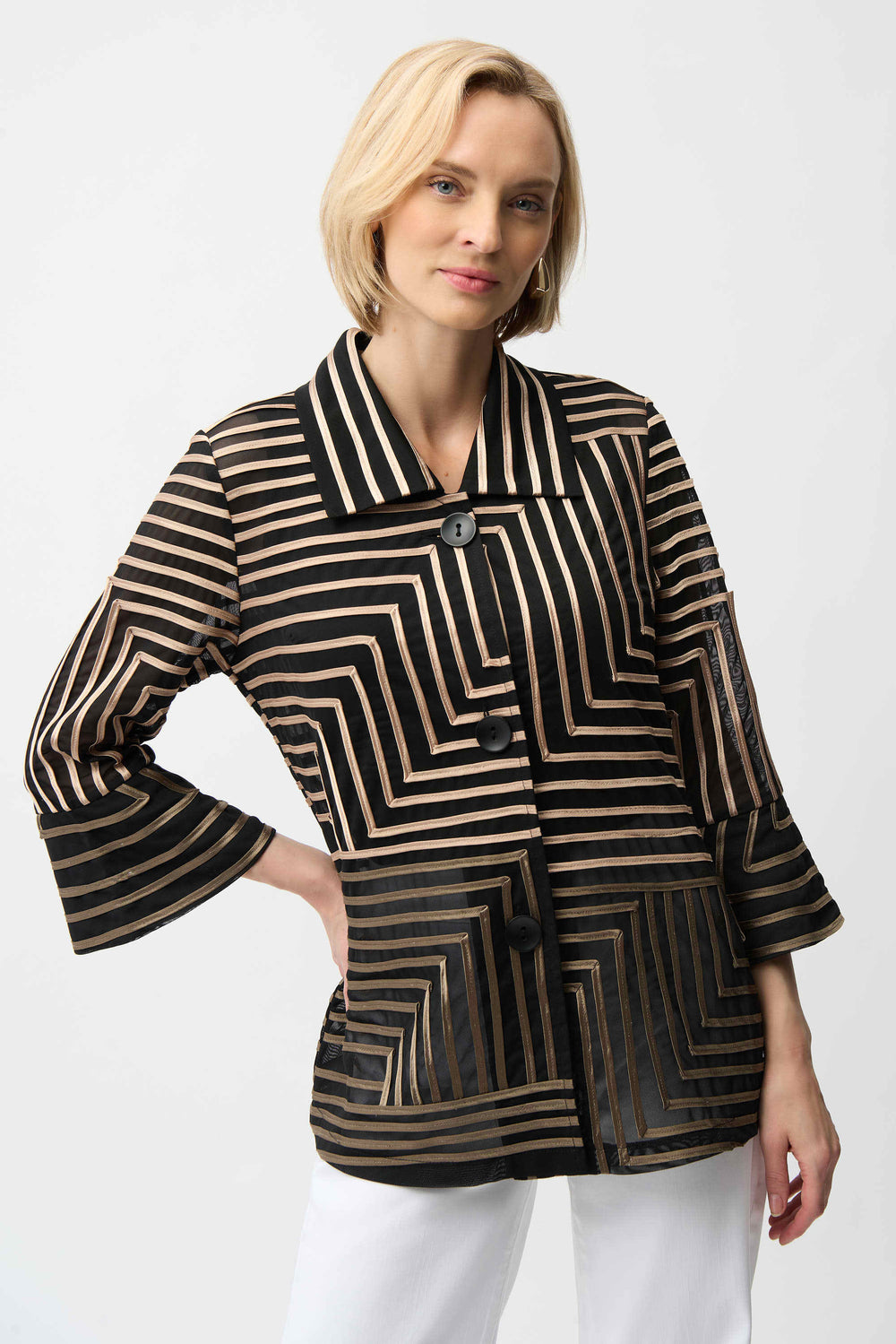 Joseph Ribkoff Satin And Mesh Abstract Print Jacket With Bell Sleeve
