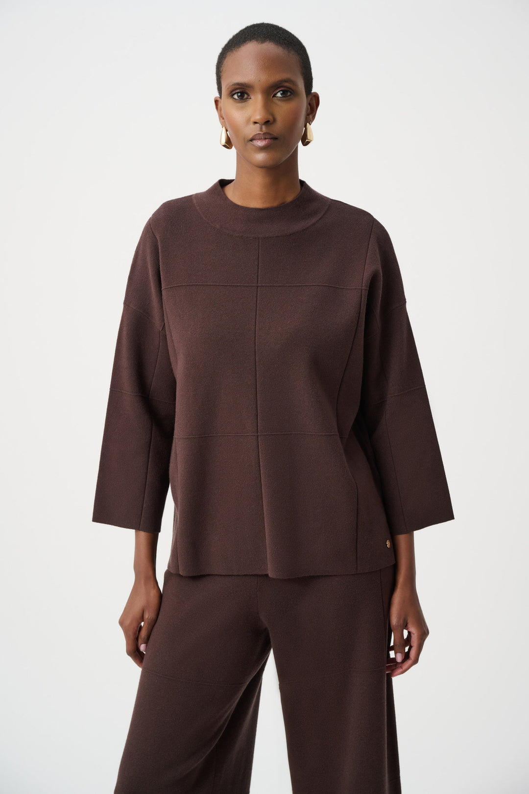 Brushed viscose straight sweater with mock neck, dark mocha-brown, three-quarter sleeves.