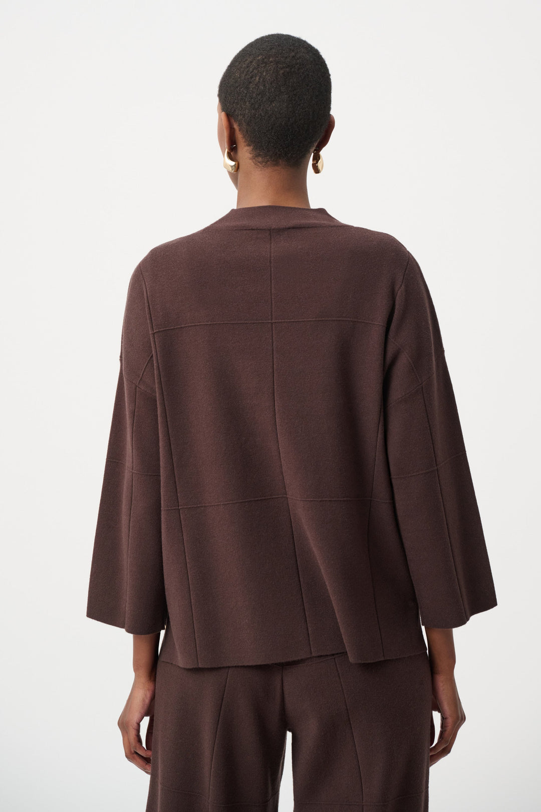 Brushed viscose mock-neck straight sweater, dark mocha-brown, back view, three-quarter sleeves.