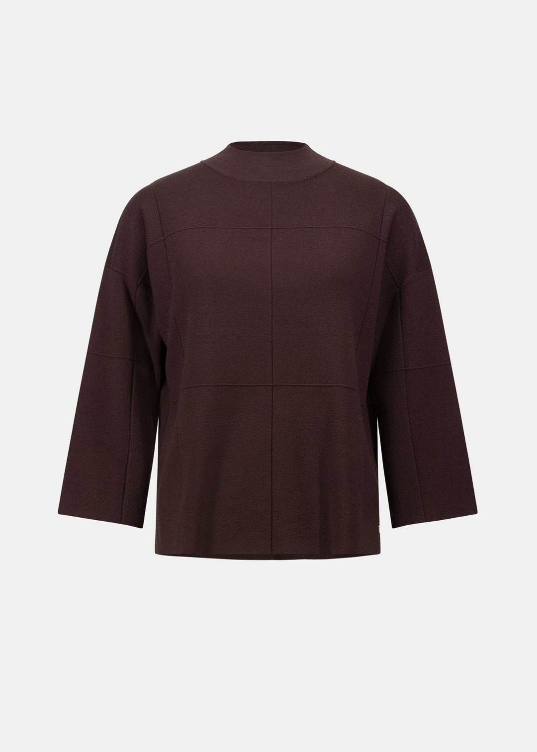 Mocha brown brushed viscose straight sweater with mock neck and 3/4 sleeves
