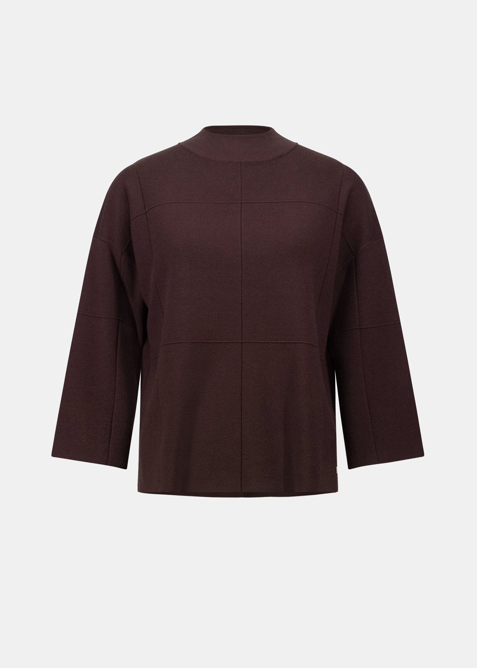 Mocha brown brushed viscose straight sweater with mock neck and 3/4 sleeves
