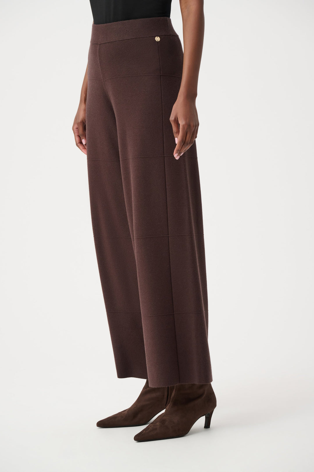 Mocha culotte pants, ankle-length wide leg with stitched panel and small waistband button