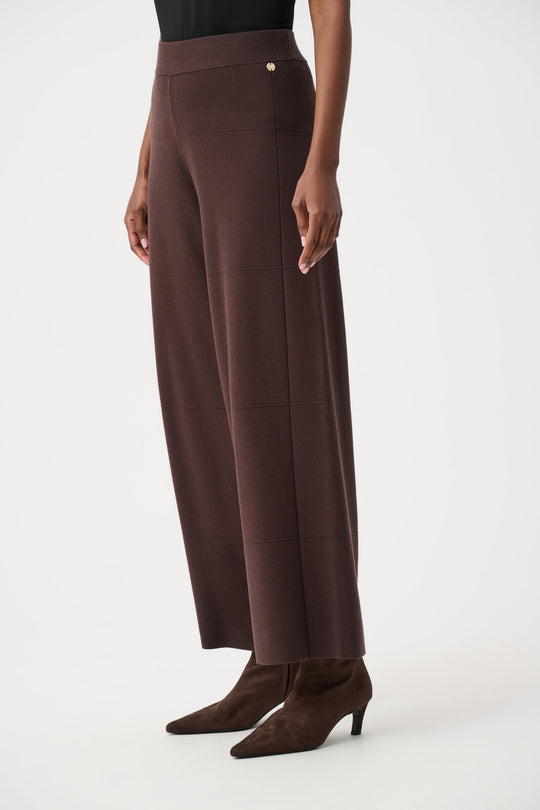 Mocha culotte pants, ankle-length wide leg with stitched panel and small waistband button