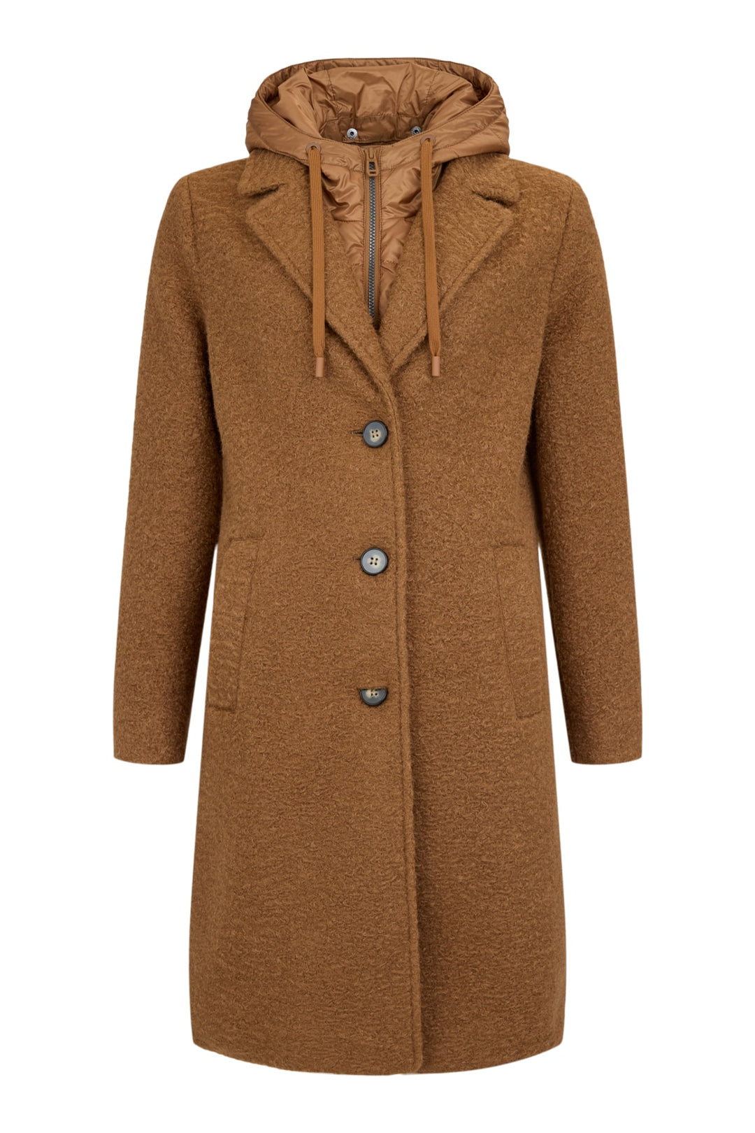 Frandsen Boucle Notch Collar Coat with Detachable Hooded Vest in Leather Brown