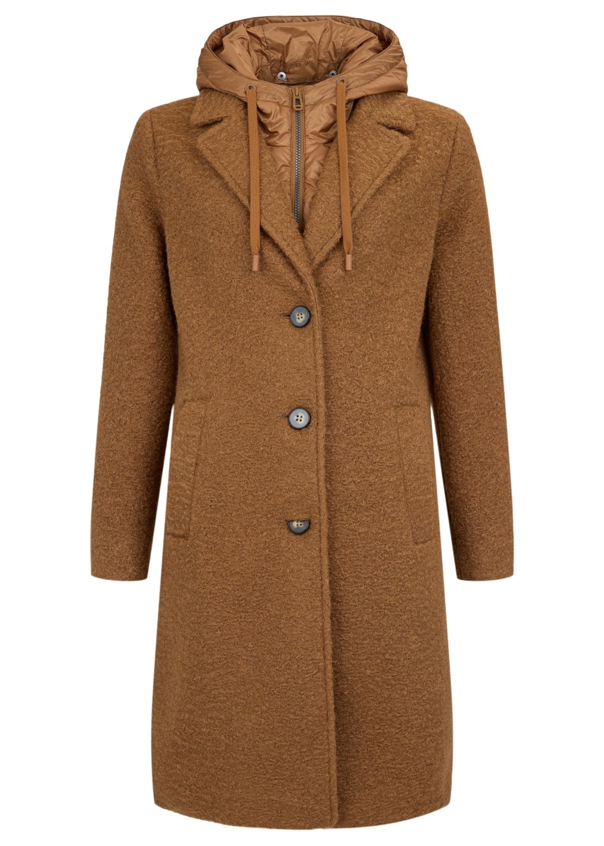 Brown wool-blend coat with drawstring hood and button front