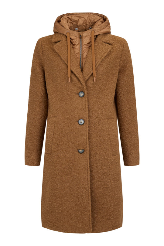 Frandsen Boucle Notch Collar Coat with Detachable Hooded Vest in Leather Brown