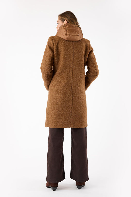 Frandsen Boucle Notch Collar Coat with Detachable Hooded Vest in Leather Brown