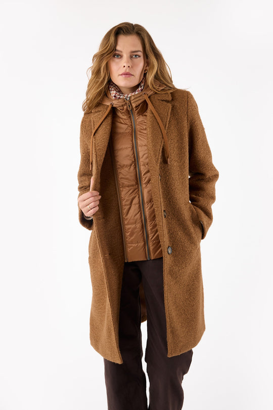 Frandsen Boucle Notch Collar Coat with Detachable Hooded Vest in Leather Brown
