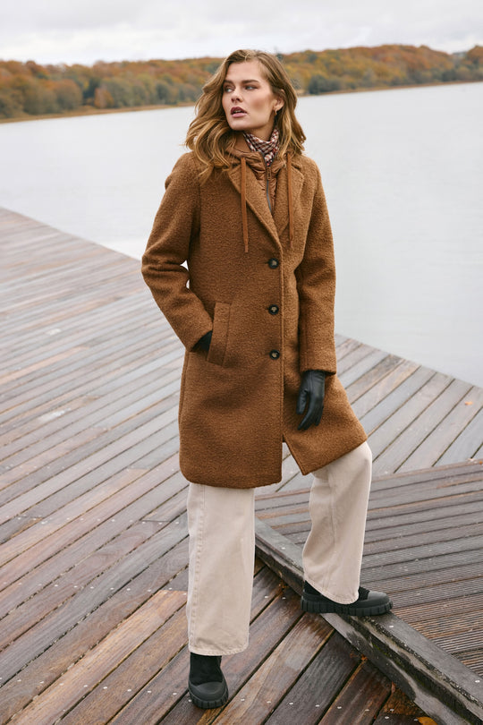Frandsen Boucle Notch Collar Coat with Detachable Hooded Vest in Leather Brown