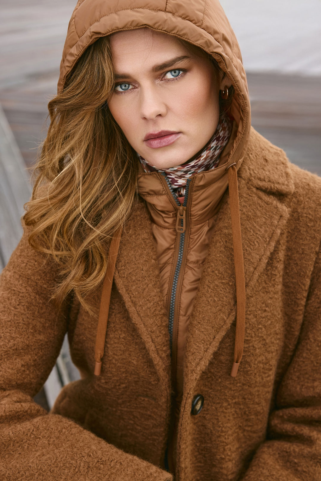 Frandsen Boucle Notch Collar Coat with Detachable Hooded Vest in Leather Brown