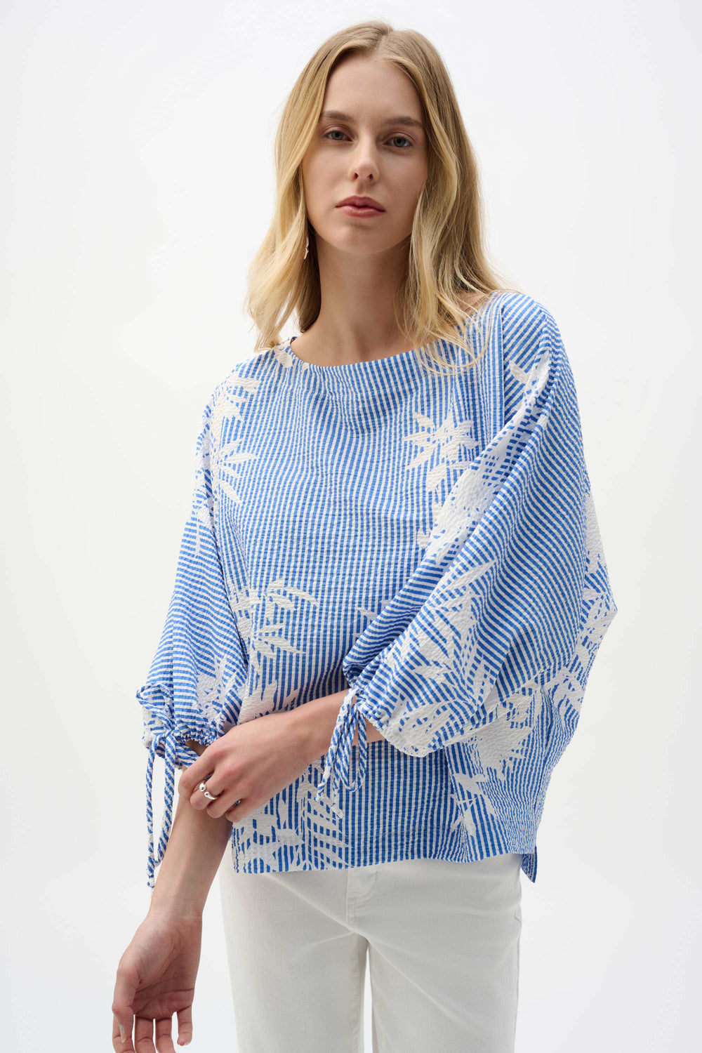 Joseph Ribkoff Woven Seersucker Floral Print Trapeze Top in Vanilla Blue