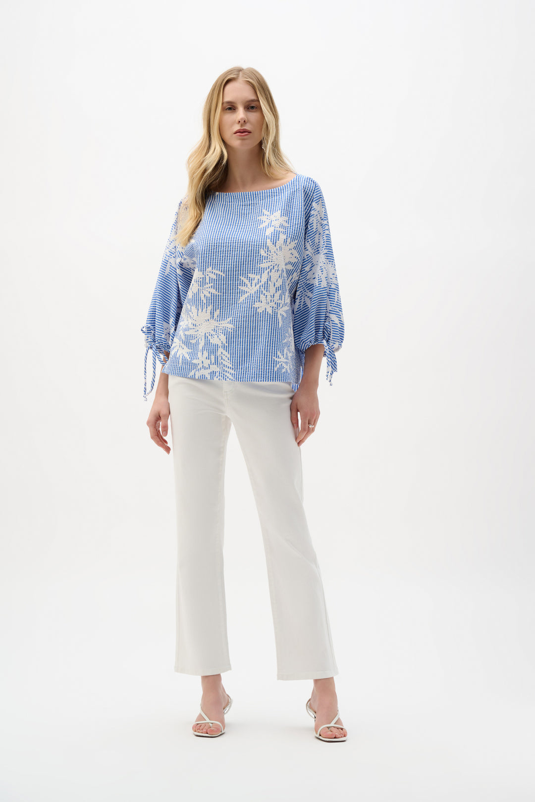 Joseph Ribkoff Woven Seersucker Floral Print Trapeze Top in Vanilla Blue