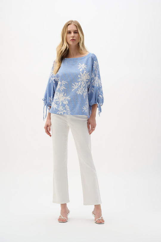 Joseph Ribkoff Woven Seersucker Floral Print Trapeze Top in Vanilla Blue