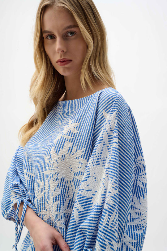 Joseph Ribkoff Woven Seersucker Floral Print Trapeze Top in Vanilla Blue