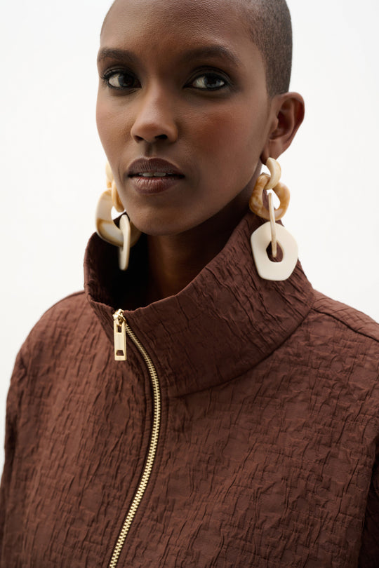 Joseph Ribkoff Jacquard Bomber Jacket with Funnel Collar in Mahogany