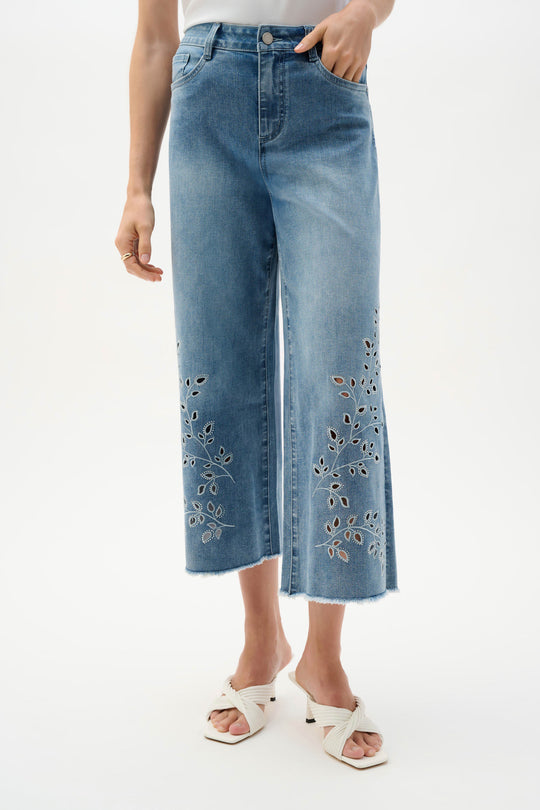 Joseph Ribkoff Repreve Denim Wide leg Crop with Embroidery in Lt Blue Denim