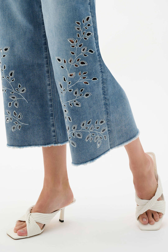 Joseph Ribkoff Repreve Denim Wide leg Crop with Embroidery in Lt Blue Denim