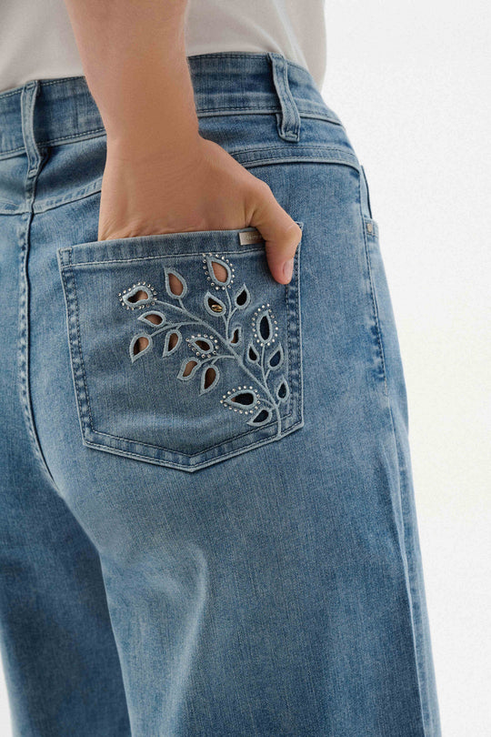 Joseph Ribkoff Repreve Denim Wide leg Crop with Embroidery in Lt Blue Denim