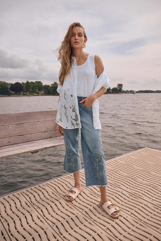 Joseph Ribkoff Repreve Denim Wide leg Crop with Embroidery in Lt Blue Denim