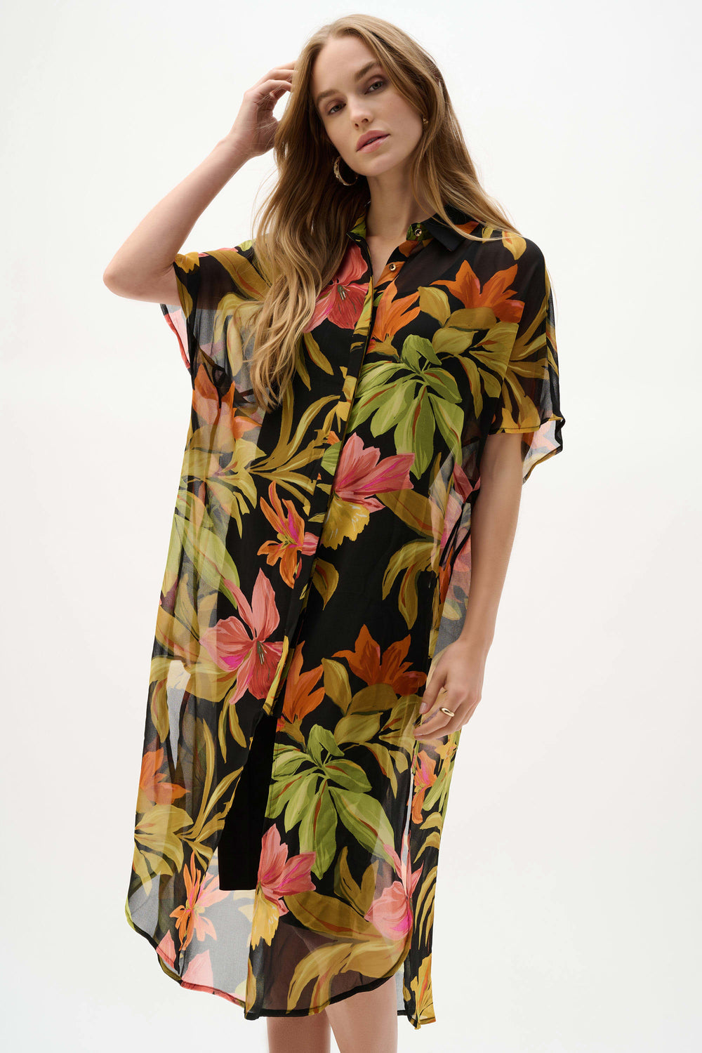 Joseph Ribkoff Chiffon Tropical Print Long Blouse in Black Multi