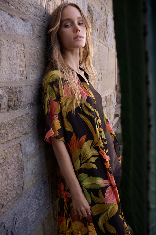 Joseph Ribkoff Chiffon Tropical Print Long Blouse in Black Multi