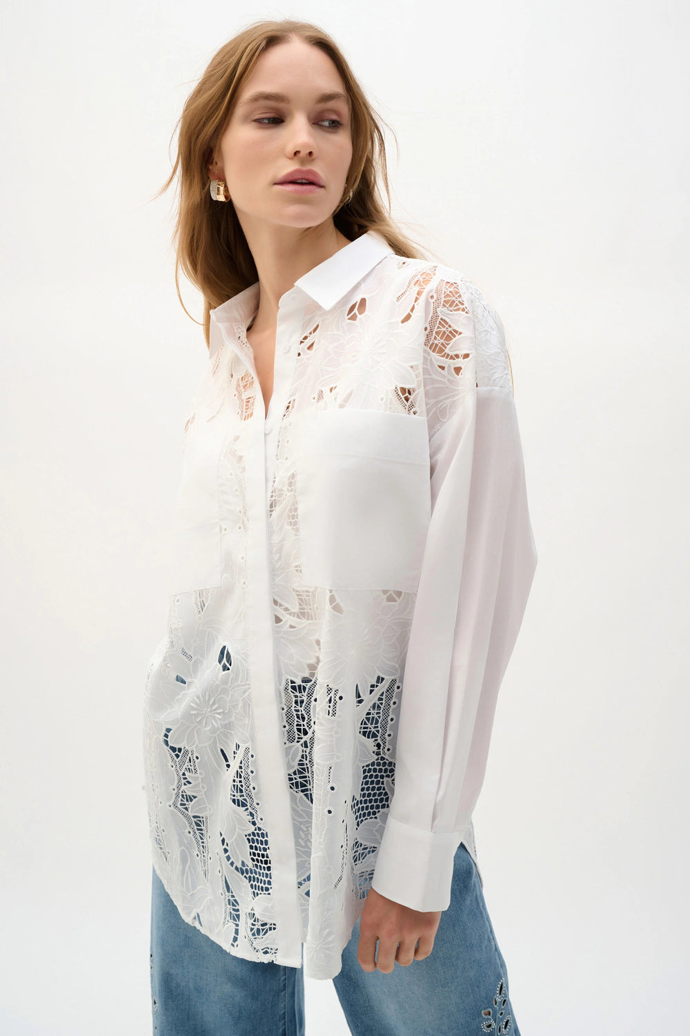 Joseph Ribkoff Cotton Lace Boxy blouse with Embroidery in White