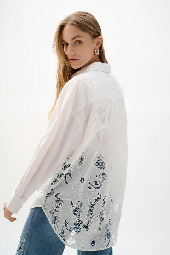 Joseph Ribkoff Cotton Lace Boxy blouse with Embroidery in White