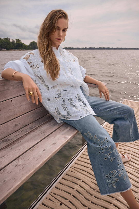 Joseph Ribkoff Cotton Lace Boxy blouse with Embroidery in White