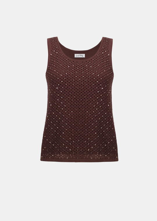 Brown tank top with rhinestone embellishments on a white background
