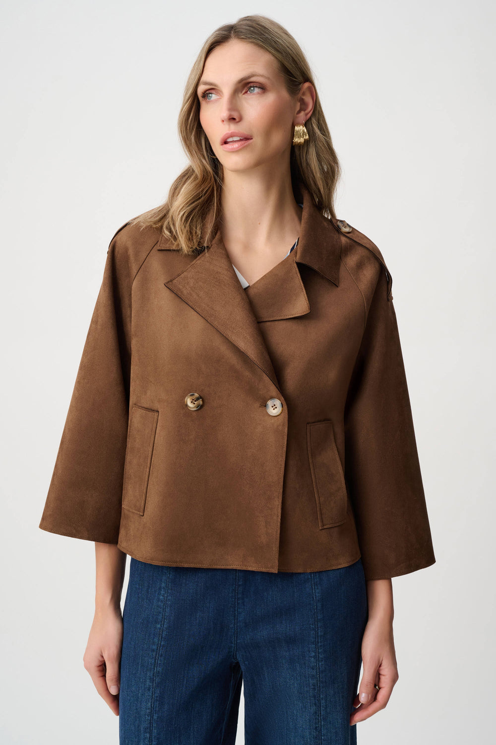 Brown cropped jacket with lapel collar, short sleeves, and two front buttons