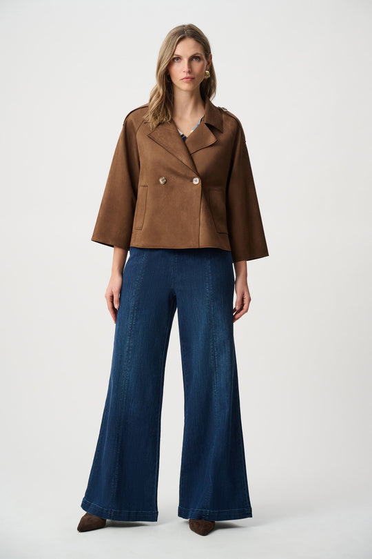 Brown short-sleeve jacket with lapel collar, button front, and flap pockets