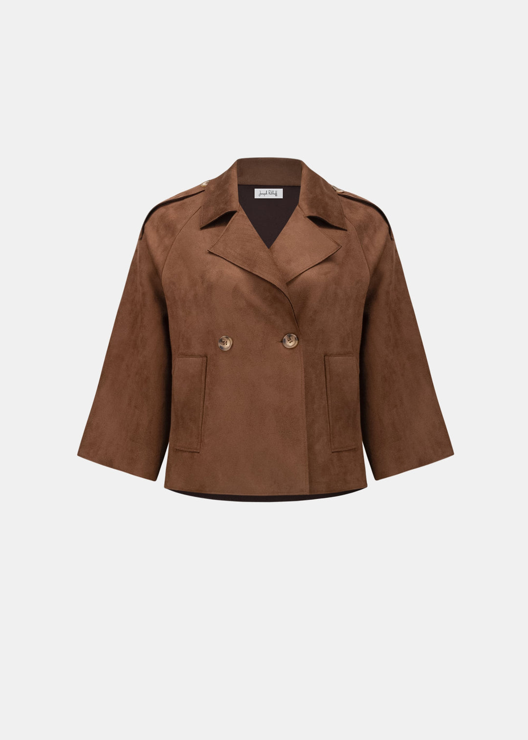 Brown jacket, front view, notched lapels and two-button double-breasted style