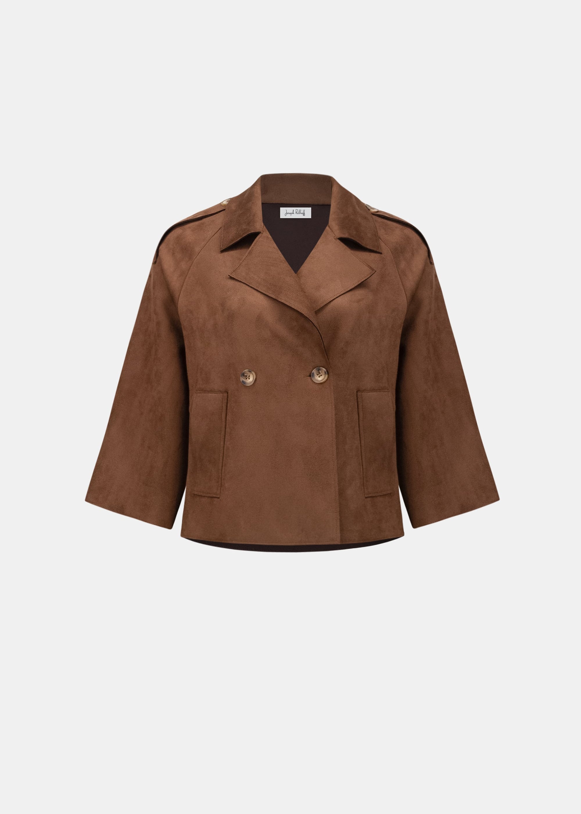 Brown jacket, front view, notched lapels and two-button double-breasted style