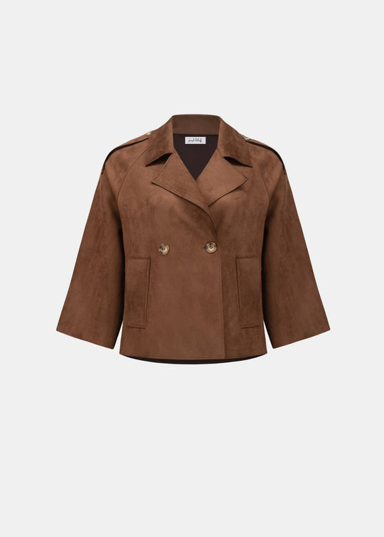 Brown jacket, front view, notched lapels and two-button double-breasted style
