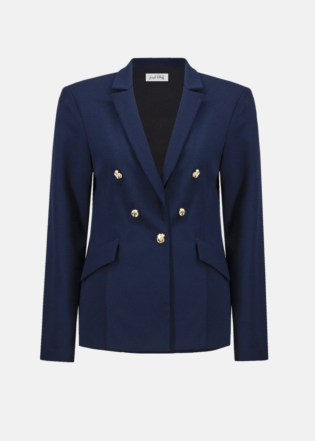 Indigo blazer front view with brass double-breast buttons and flap pockets