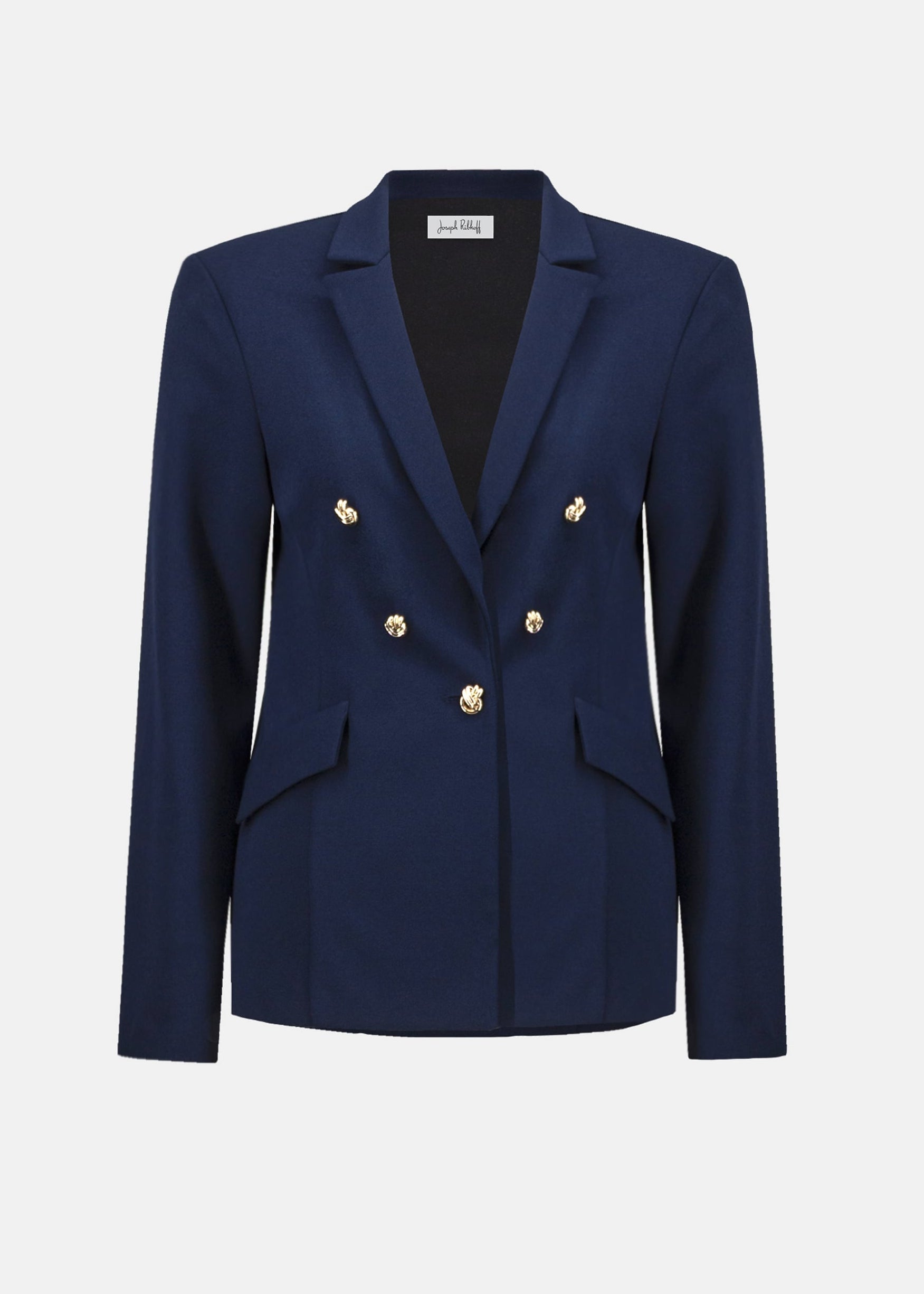 Indigo blazer front view with brass double-breast buttons and flap pockets