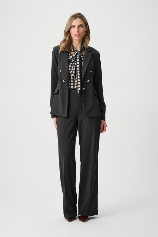Black wide-leg crepe pants with high-rise waistband and gold button details