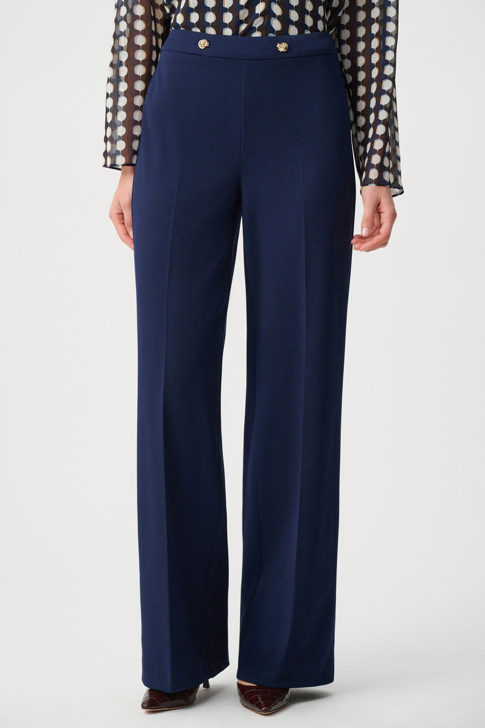 Joseph Ribkoff indigo wide-leg pants, front view with gold waistband buttons