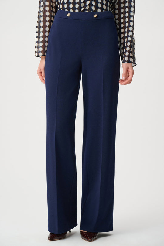 Joseph Ribkoff indigo wide-leg pants, front view with gold waistband buttons