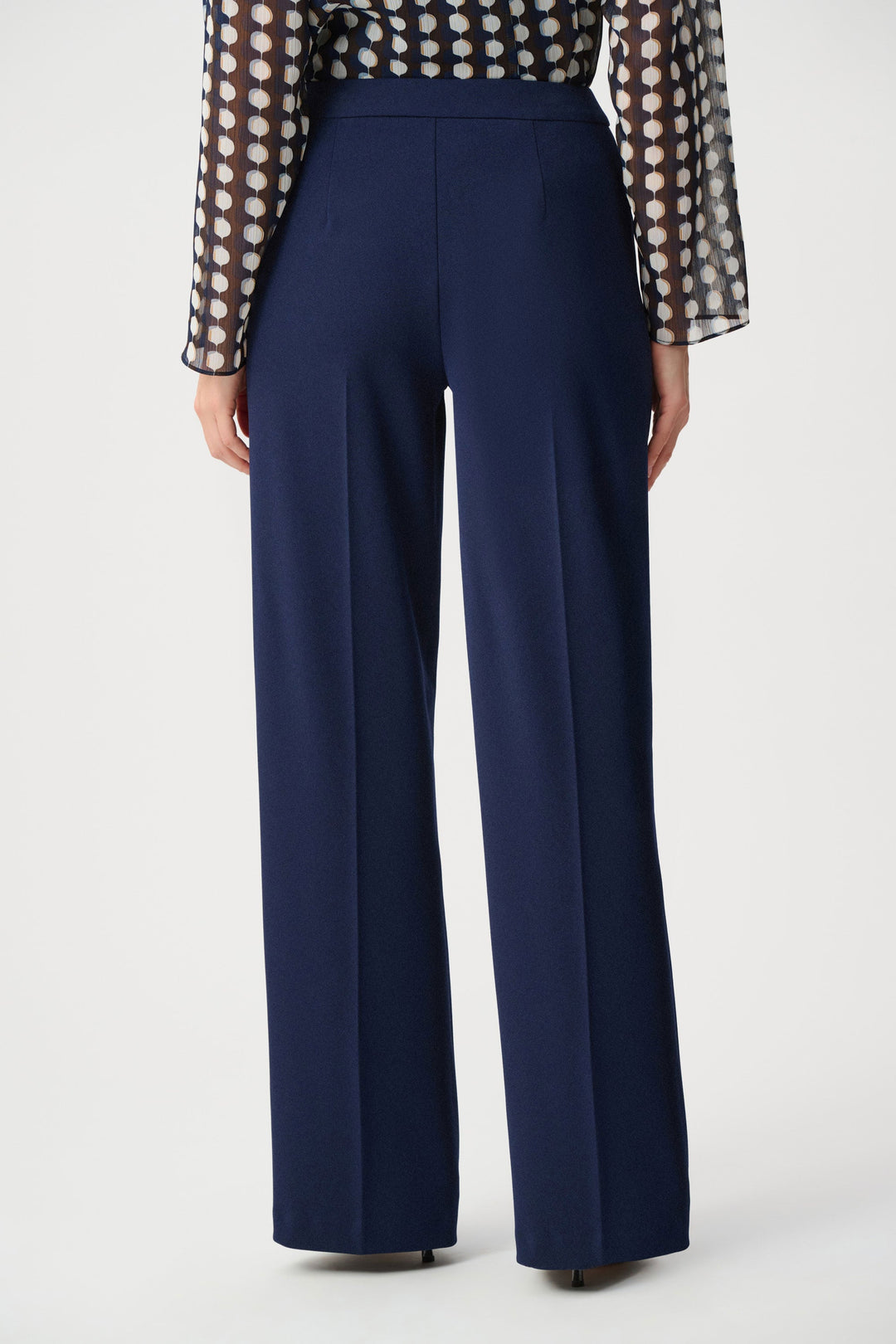 Joseph Ribkoff indigo wide-leg pants, back view with tailored waistband
