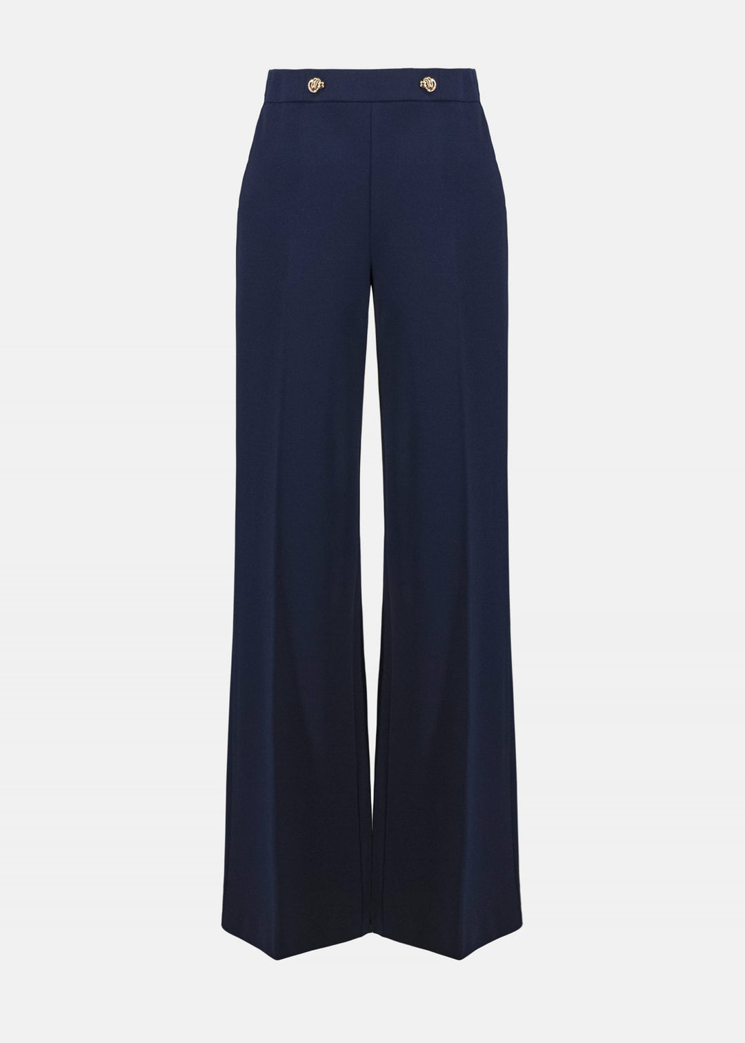 Joseph Ribkoff indigo wide-leg pants, flat front view with flared leg opening