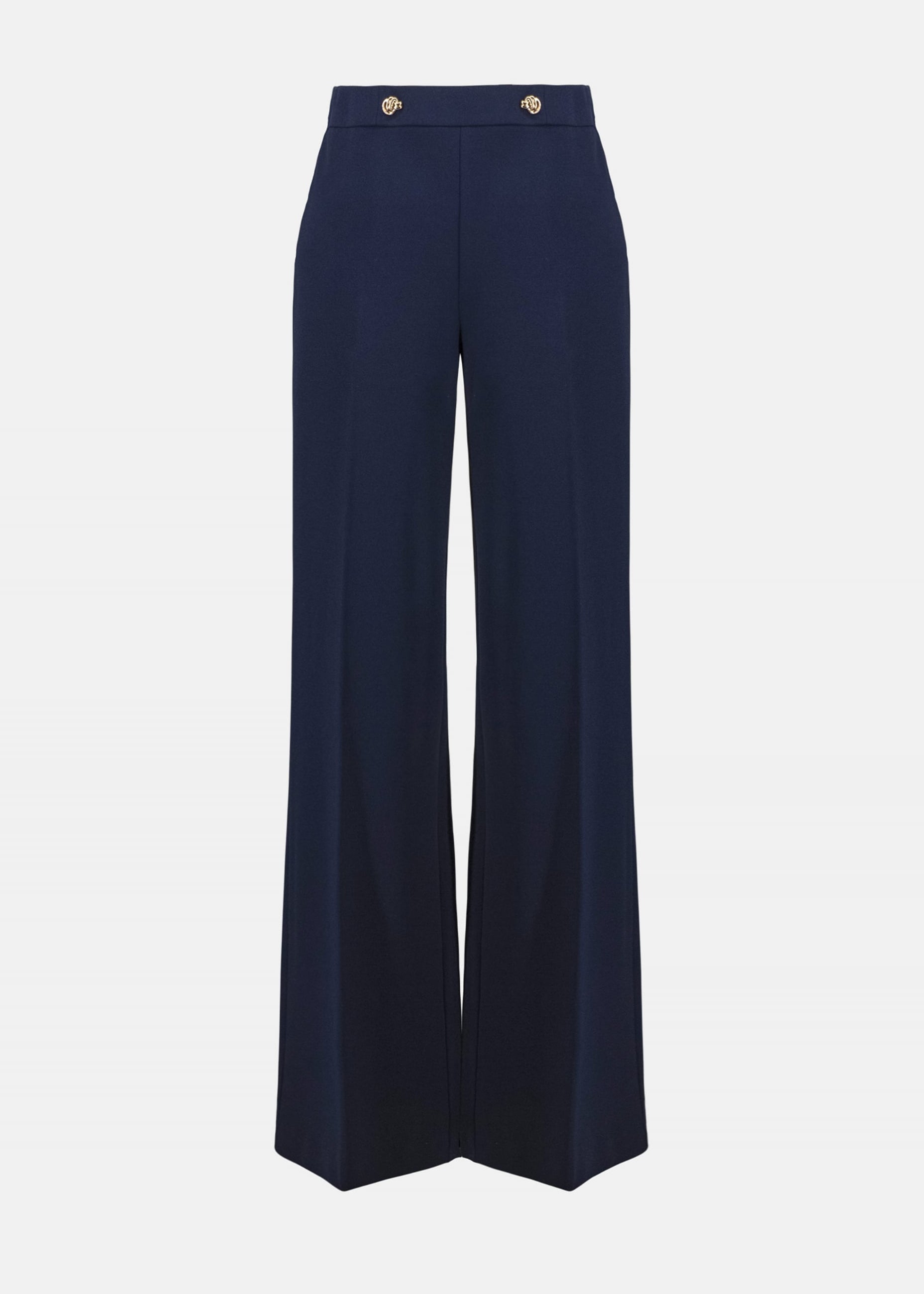 Joseph Ribkoff indigo wide-leg pants, flat front view with flared leg opening