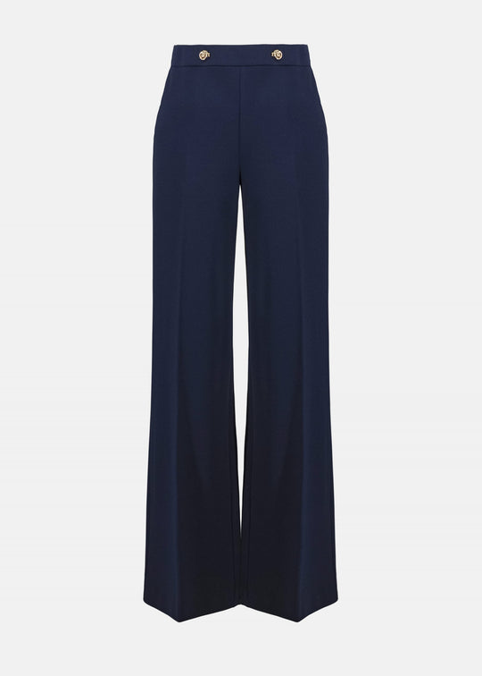 Joseph Ribkoff indigo wide-leg pants, flat front view with flared leg opening